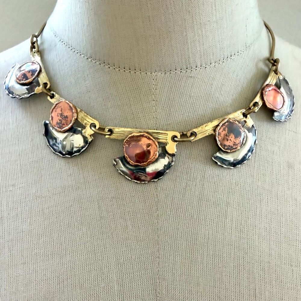 Vintage Artisan Mixed Metal Modernist Necklace